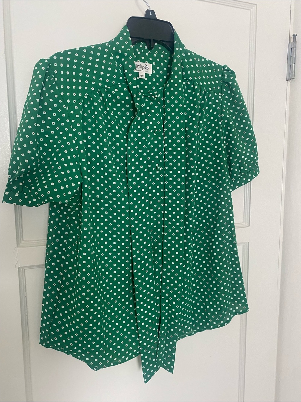 Green Polka Dot Tie-Neck Blouse - Women